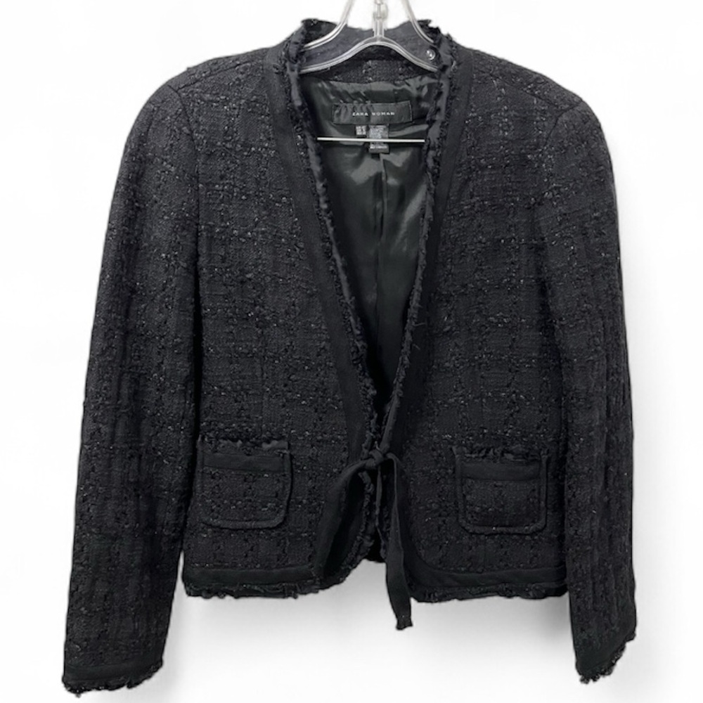 ZARA WOMAN Black Bouclé Tweed Jacket with Ribbon Trim